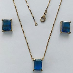 CONJUNTO NO BRUTO PRONTO PARA O BANHO - GARGANTILHA COM CORRENTE VENEZIANA 45CM E PINGENTE EM ZIRCÔNIA AZUL RETANGULAR 8X10CM - PESO TOTAL 5GR - BRU15515