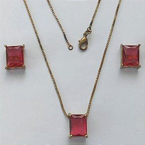 CONJUNTO NO BRUTO PRONTO PARA O BANHO - GARGANTILHA COM CORRENTE VENEZIANA 45CM E PINGENTE EM ZIRCÔNIA VERMELHA RETANGULAR 8X10CM - PESO TOTAL 5GR - BRU15516