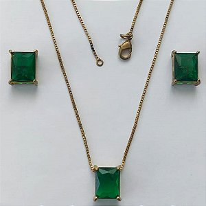 CONJUNTO NO BRUTO PRONTO PARA O BANHO - GARGANTILHA COM CORRENTE VENEZIANA 45CM E PINGENTE EM ZIRCÔNIA VERDE RETANGULAR 8X10CM - PESO TOTAL 5GR - BRU15517