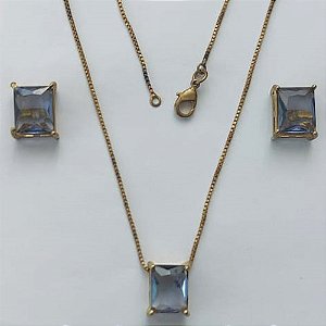 CONJUNTO NO BRUTO PRONTO PARA O BANHO - GARGANTILHA COM CORRENTE VENEZIANA 45CM E PINGENTE EM ZIRCÔNIA LILÁS RETANGULAR 8X10CM - PESO TOTAL 5GR - BRU15519