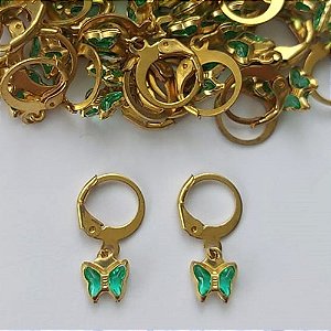 BRINCO NO BRUTO PRONTO PARA O BANHO -(CX.120)  BRINCO ARGOLINHA DE PRESSÃO BORBOLETA EM VIDRO VERDE 8MM  - PESO: 0,8GR - BRU15536