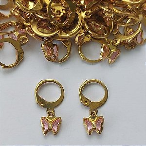 BRINCO NO BRUTO PRONTO PARA O BANHO -  (CX.120) BRINCO ARGOLINHA DE PRESSÃO BORBOLETA EM VIDRO ROSA CLARO 8MM  - PESO: 0,8GR - BRU15538