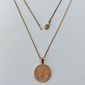 GARGANTILHA NO BRUTO PRONTO PARA O BANHO(CX63) - GARGANTILHA COM CORRENTE VENEZIANA 45CM - PINGENTE REDONDO SÃO BENTO COM MICRO ZIRCÔNIAS 18MM - PESO TOTAL 4,5GR - BRU15551