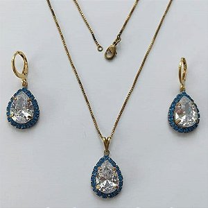 CONJUNTO NO BRUTO PRONTO PARA O BANHO(CX88)- CORRENTE VENEZIANA 45CM + EXTENSOR E FECHO LAGOSTA - BRINCOS ARGOLINHA DE PRESSÃO E PINGENTES COM BASES CRAVEJADAS EM CRISTAIS AZUIS E ZIRCÔNIA CRISTAL 10X14MM - PESO TOTAL 11,2GR - BRU15573