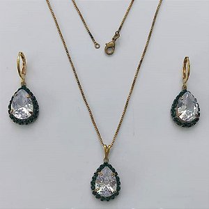 CONJUNTO NO BRUTO PRONTO PARA O BANHO(CX88)- CORRENTE VENEZIANA 45CM + EXTENSOR E FECHO LAGOSTA - BRINCOS ARGOLINHA DE PRESSÃO E PINGENTES COM BASES CRAVEJADAS EM CRISTAIS VERDES E ZIRCÔNIA CRISTAL 10X14MM - PESO TOTAL 11,2GR - BRU15575