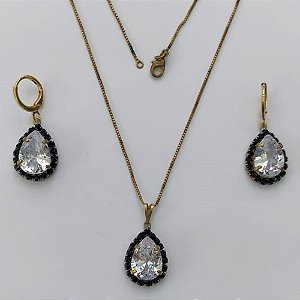 CONJUNTO NO BRUTO PRONTO PARA O BANHO(CX88)- CORRENTE VENEZIANA 45CM + EXTENSOR E FECHO LAGOSTA - BRINCOS ARGOLINHA DE PRESSÃO E PINGENTES COM BASES CRAVEJADAS EM CRISTAIS PRETAS E ZIRCÔNIA CRISTAL 10X14MM - PESO TOTAL 11,2GR - BRU15576