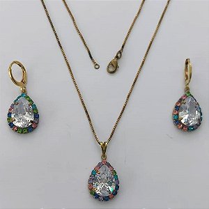 CONJUNTO NO BRUTO PRONTO PARA O BANHO(CX88)- CORRENTE VENEZIANA 45CM + EXTENSOR E FECHO LAGOSTA - BRINCOS ARGOLINHA DE PRESSÃO E PINGENTES COM BASES CRAVEJADAS EM CRISTAIS COLORIDOS E ZIRCÔNIA CRISTAL 10X14MM - PESO TOTAL 11,2GR - BRU15577