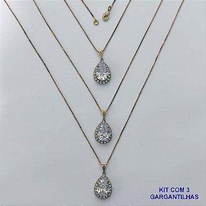 GARGANTILHA NO BRUTO PRONTA PARA O BANHO - (CX.25) KIT COM 3 CORRENTES VENEZIANAS 45CM E PINGENTES COM BASES CRAVEJADAS EM CRISTAIS E ZIRCÔNIA CRISTAL 10X14MM - PESO TOTAL 11,5GR - BRU15578
