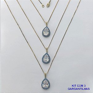 GARGANTILHA NO BRUTO PRONTA PARA O BANHO - (CX.25)  KIT COM 3 CORRENTES VENEZIANAS 45CM E PINGENTES COM BASES CRAVEJADAS EM CRISTAIS AZUIS E ZIRCÔNIA CRISTAL 10X14MM - PESO TOTAL 11,5GR - BRU15579