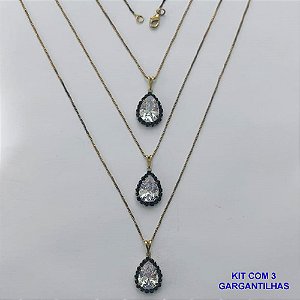 GARGANTILHA NO BRUTO PRONTA PARA O BANHO -  (CX.25)  KIT COM 3 CORRENTES VENEZIANAS 45CM E PINGENTES COM BASES CRAVEJADAS EM CRISTAIS PRETOS E ZIRCÔNIA CRISTAL 10X14MM - PESO TOTAL 11,5GR - BRU15581
