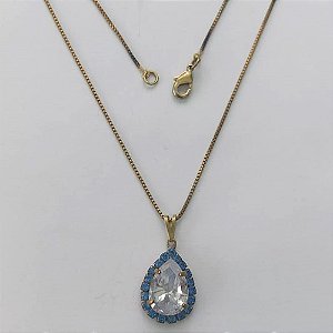 GARGANTILHA NO BRUTO PRONTA PARA O BANHO - (CX.25)  CORRENTE VENEZIANA 45CM E PINGENTES COM BASES CRAVEJADAS EM CRISTAIS AZUIS E ZIRCÔNIA CRISTAL 10X14MM - PESO TOTAL 3,84GR - BRU15584