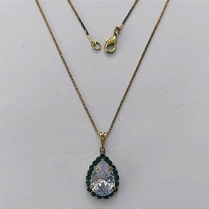 GARGANTILHA NO BRUTO PRONTA PARA O BANHO -  (CX.25) CORRENTE VENEZIANA 45CM E PINGENTES COM BASES CRAVEJADAS EM CRISTAIS VERDES E ZIRCÔNIA CRISTAL 10X14MM - PESO TOTAL 3,84GR - BRU15585