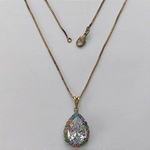 GARGANTILHA NO BRUTO PRONTA PARA O BANHO - CORRENTE VENEZIANA 45CM E PINGENTES COM BASES CRAVEJADAS EM CRISTAIS COLORIDOS E ZIRCÔNIA CRISTAL 10X14MM - PESO TOTAL 3,84GR - BRU15587
