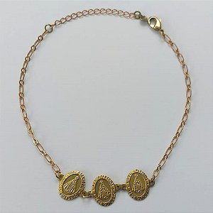 PULSEIRA NO BRUTO PRONTA PARA O BANHO  (CX.25) (3.1447A2) PULSEIRA COM 3 PINGENTES NOSSA SRA APARECIDA 18CM + EXTENSOR - PESO TOTAL 2,5GR - BRU15592