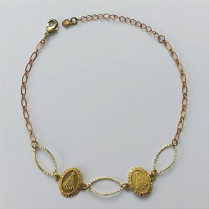 PULSEIRA NO BRUTO PRONTA PARA O BANHO  (CX.25)  (3.1447A2) PULSEIRA COM 2 PINGENTES NOSSA SRA APARECIDA E ELEMENTOS VAZADOS 18CM + EXTENSOR - PESO TOTAL 2,3GR - BRU15593