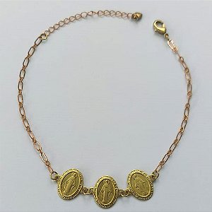 PULSEIRA NO BRUTO PRONTA PARA O BANHO  (CX.25)  (3.1446A2) PULSEIRA COM 3 PINGENTES NOSSA SRA DAS GRAÇAS 18CM + EXTENSOR - PESO TOTAL 2,6GR - BRU15595