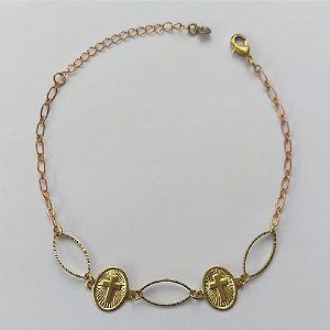 PULSEIRA NO BRUTO PRONTA PARA O BANHO  (CX.25)  (3.1874A2) PULSEIRA COM 2 PINGENTES CRUCIFIXOS E ELEMENTOS VAZADOS 18CM + EXTENSOR - PESO TOTAL 2,2GR - BRU15599