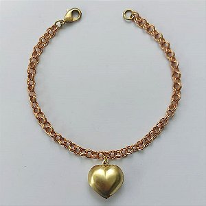 PULSEIRA NO BRUTO PRONTA PARA O BANHO - (L-1067D) PULSEIRA COM ELOS DUPLOS E (823) PINGENTE CORAÇÃO DUPLO LISO 14MM - TAMANHO 18CM - LARGURA 4MM - FECHO LAGOSTA - PESO 6GR - COMPOSIÇÃO: 100% LATÃO - BRU15624