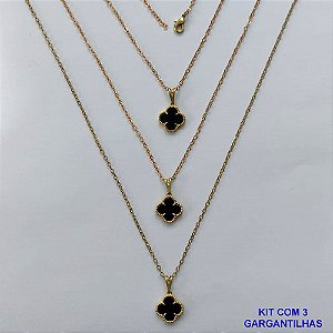 GARGANTILHA NO BRUTO PRONTA PARA O BANHO - KIT COM 3 CORRENTES CADEADOS 45CM E PINGENTES TIPO VAN CLEEF EM RESINA PRETA 10MM - PESO TOTAL 5,7GR - BRU15694
