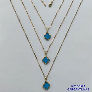 GARGANTILHA NO BRUTO PRONTA PARA O BANHO - KIT COM 3 CORRENTES CADEADOS 45CM E PINGENTES TIPO VAN CLEEF EM RESINA AZUL 10MM - PESO TOTAL 5,7GR - BRU15696
