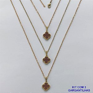 GARGANTILHA NO BRUTO PRONTA PARA O BANHO - KIT COM 3 CORRENTES CADEADOS 45CM E PINGENTES TIPO VAN CLEEF EM RESINA MARROM 10MM - PESO TOTAL 5,7GR - BRU15698