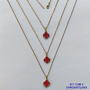 GARGANTILHA NO BRUTO PRONTA PARA O BANHO - KIT COM 3 CORRENTES CADEADOS 45CM E PINGENTES TIPO VAN CLEEF EM RESINA VERMELHA 10MM - PESO TOTAL 5,7GR - BRU15701