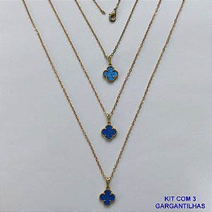 GARGANTILHA NO BRUTO PRONTA PARA O BANHO - KIT COM 3 CORRENTES CADEADOS 45CM E PINGENTES TIPO VAN CLEEF EM RESINA AZUL 10MM - PESO TOTAL 5,7GR - BRU15702