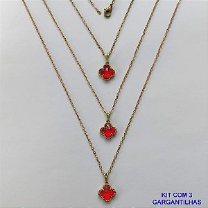 GARGANTILHA NO BRUTO PRONTA PARA O BANHO - KIT COM 3 CORRENTES CADEADOS 45CM E PINGENTES TIPO VAN CLEEF EM VIDRO VERMELHO 10MM - PESO TOTAL 6GR - BRU15706