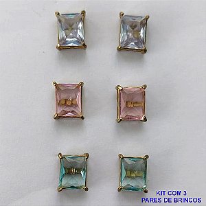 BRINCO NO BRUTO PRONTO PARA O BANHO - KIT COM 3 BRINCOS DE PINO COM ZIRCÔNIA RETANGULAR 8X10MM - PESO TOTAL 8,9GR - BRU15708