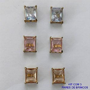BRINCO NO BRUTO PRONTO PARA O BANHO - KIT COM 3 BRINCOS DE PINO COM ZIRCÔNIA RETANGULAR 8X10CM - PESO TOTAL 8,9GR - BRU15709