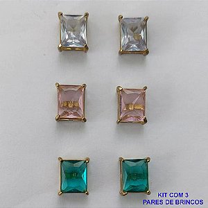BRINCO NO BRUTO PRONTO PARA O BANHO - KIT COM 3 BRINCOS DE PINO COM ZIRCÔNIA RETANGULAR 8X10MM - PESO TOTAL 8,9GR - BRU15710