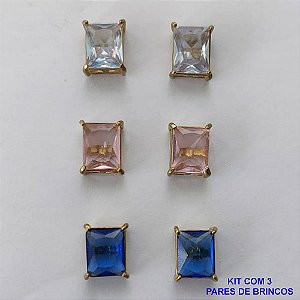 BRINCO NO BRUTO PRONTO PARA O BANHO - KIT COM 3 BRINCOS DE PINO COM ZIRCÔNIA RETANGULAR 8X10MM - PESO TOTAL 8,9GR - BRU15711