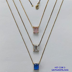 GARGANTILHA NO BRUTO PRONTA PARA O BANHO - KIT COM 3 GARGANTILHAS COM CORRENTES VENEZIANA 45CM E PINGENTE EM ZIRCÔNIA RETANGULAR 8X10CM - PESO TOTAL 10,5GR - BRU15712