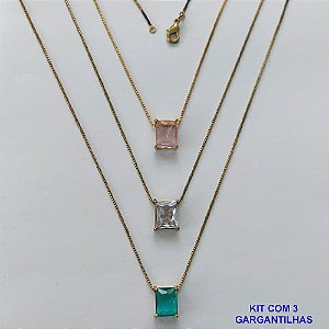 GARGANTILHA NO BRUTO PRONTA PARA O BANHO - KIT COM 3 GARGANTILHAS COM CORRENTES VENEZIANA 45CM E PINGENTE EM ZIRCÔNIA RETANGULAR 8X10CM - PESO TOTAL 10,5GR - BRU15713