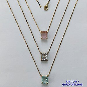 GARGANTILHA NO BRUTO PRONTA PARA O BANHO - KIT COM 3 GARGANTILHAS COM CORRENTES VENEZIANA 45CM E PINGENTE EM ZIRCÔNIA RETANGULAR 8X10CM - PESO TOTAL 10,5GR - BRU15714