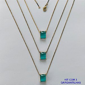 GARGANTILHA NO BRUTO PRONTA PARA O BANHO - KIT COM 3 GARGANTILHAS COM CORRENTES VENEZIANA 45CM E PINGENTE EM ZIRCÔNIA VERDE RETANGULAR 8X10CM - PESO TOTAL 10,5GR - BRU15716