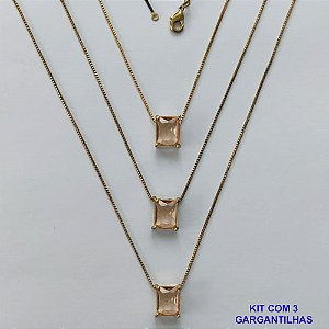 GARGANTILHA NO BRUTO PRONTA PARA O BANHO - KIT COM 3 GARGANTILHAS COM CORRENTES VENEZIANA 45CM E PINGENTE EM ZIRCÔNIA MARROM RETANGULAR 8X10CM - PESO TOTAL 10,5GR - BRU15718