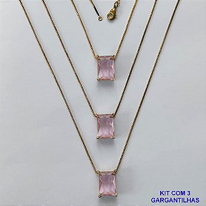 GARGANTILHA NO BRUTO PRONTA PARA O BANHO - KIT COM 3 GARGANTILHAS COM CORRENTES VENEZIANA 45CM E PINGENTE EM ZIRCÔNIA ROSA RETANGULAR 10X14CM - PESO TOTAL 12,9GR - BRU15738