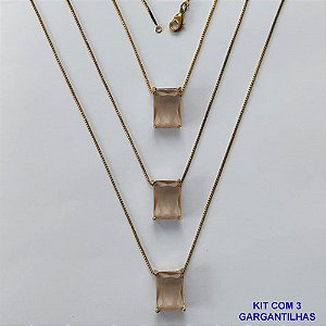 GARGANTILHA NO BRUTO PRONTA PARA O BANHO - KIT COM 3 GARGANTILHAS COM CORRENTES VENEZIANA 45CM E PINGENTE EM ZIRCÔNIA MARROM RETANGULAR 10X14CM - PESO TOTAL 12,9GR - BRU15740