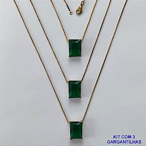 GARGANTILHA NO BRUTO PRONTA PARA O BANHO - KIT COM 3 GARGANTILHAS COM CORRENTES VENEZIANA 45CM E PINGENTE EM ZIRCÔNIA VERDE ESCURA RETANGULAR 10X14CM - PESO TOTAL 12,9GR - BRU15744