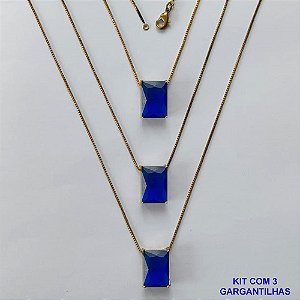GARGANTILHA NO BRUTO PRONTA PARA O BANHO - KIT COM 3 GARGANTILHAS COM CORRENTES VENEZIANA 45CM E PINGENTE EM ZIRCÔNIA AZUL TURQUESA RETANGULAR 10X14CM - PESO TOTAL 12,9GR - BRU15745