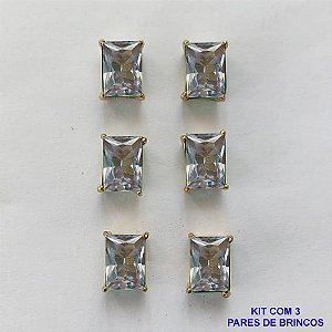 BRINCO NO BRUTO PRONTO PARA O BANHO - KIT COM 3 BRINCOS DE PINO COM ZIRCÔNIA CRISTAL RETANGULAR 6x8MM - PESO TOTAL 4,3GR - BRU15755