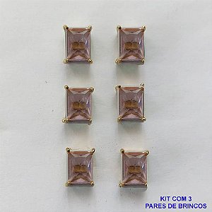 BRINCO NO BRUTO PRONTO PARA O BANHO - KIT COM 3 BRINCOS DE PINO COM ZIRCÔNIA ROSA RETANGULAR 6x8MM - PESO TOTAL 4,3GR - BRU15756