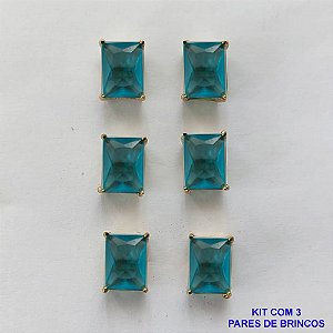 BRINCO NO BRUTO PRONTO PARA O BANHO - KIT COM 3 BRINCOS DE PINO COM ZIRCÔNIA AZUL RETANGULAR 6x8MM - PESO TOTAL 4,3GR - BRU15757