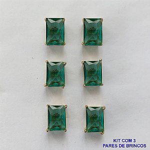 BRINCO NO BRUTO PRONTO PARA O BANHO - KIT COM 3 BRINCOS DE PINO COM ZIRCÔNIA VERDE RETANGULAR 6x8MM - PESO TOTAL 4,3GR - BRU15758