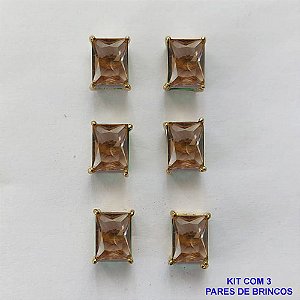 BRINCO NO BRUTO PRONTO PARA O BANHO - KIT COM 3 BRINCOS DE PINO COM ZIRCÔNIA MARROM RETANGULAR 6x8MM - PESO TOTAL 4,3GR - BRU15760