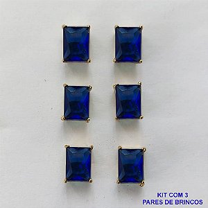 BRINCO NO BRUTO PRONTO PARA O BANHO - KIT COM 3 BRINCOS DE PINO COM ZIRCÔNIA AZUL TURQUESA RETANGULAR 6x8MM - PESO TOTAL 4,3GR - BRU15761