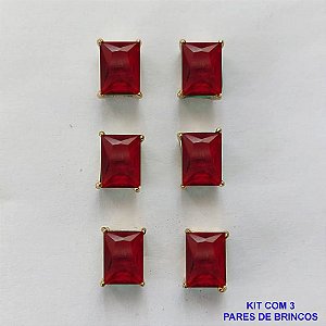 BRINCO NO BRUTO PRONTO PARA O BANHO - KIT COM 3 BRINCOS DE PINO COM ZIRCÔNIA VERMELHA RETANGULAR 6x8MM - PESO TOTAL 4,3GR - BRU15762