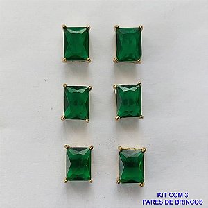 BRINCO NO BRUTO PRONTO PARA O BANHO - KIT COM 3 BRINCOS DE PINO COM ZIRCÔNIA VERDE ESCURA RETANGULAR 6x8MM - PESO TOTAL 4,3GR - BRU15763