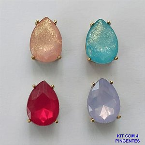 PINGENTE NO BRUTO PRONTO PARA O BANHO - KIT COM 4 PINGENTES COM RESINAS GOTAS 10x14MM - PESO TOTAL 5GR - BRU15765